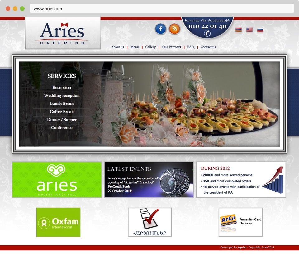 Aries Catering Front Page Screenshot